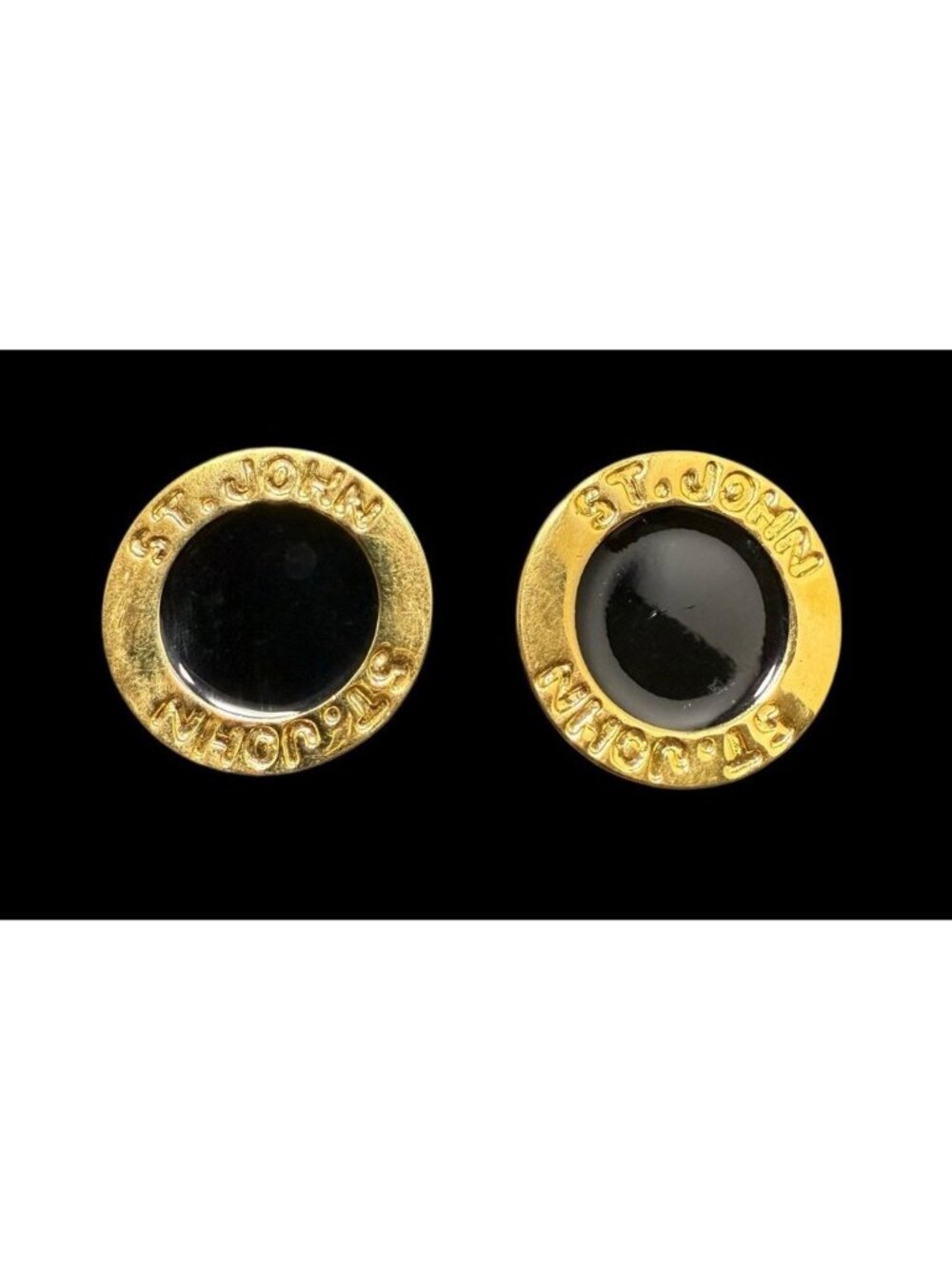 Vintage St John Logo Clip On Earrings Round Gold Tone Black Enamel Signed